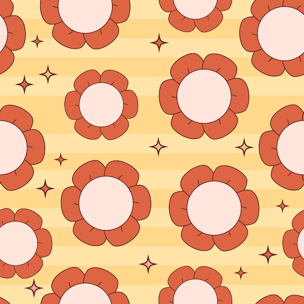 Retro seamless pattern with Daisy Flower Power on yellow background Groovy