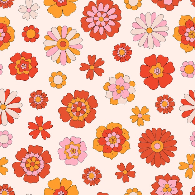 Retro seamless pattern with different flowers in hippie style