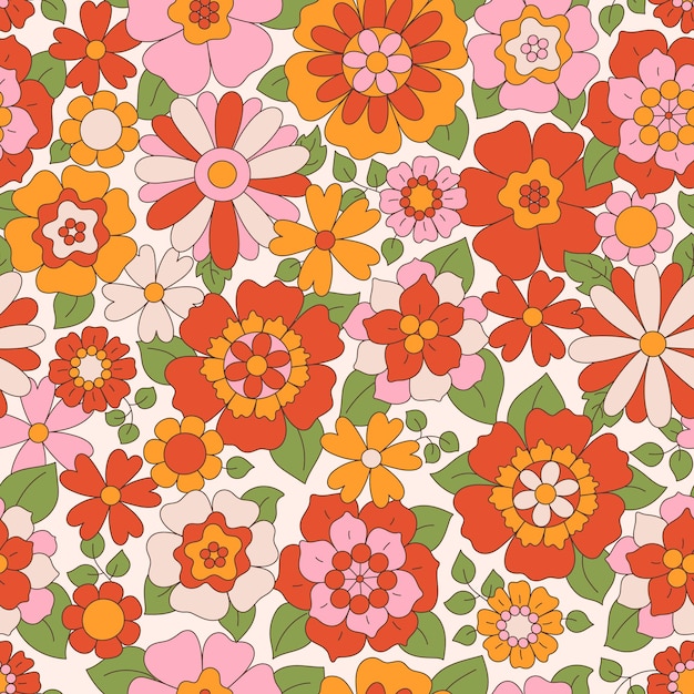 Retro seamless pattern with different flowers in vintage style