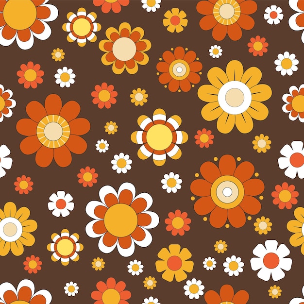 Retro seamless pattern with groovy daisy flowers 70s hippie astetic vintage floral background