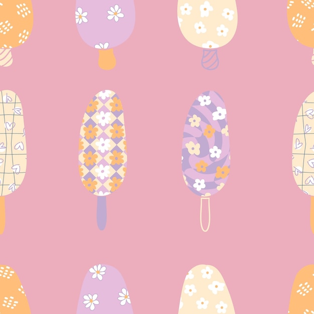 Retro seamless pattern with popsicle ice creams in 1960s style Sweet food summer print for Tshirt textile and fabric Hand drawn vector background for decor and design