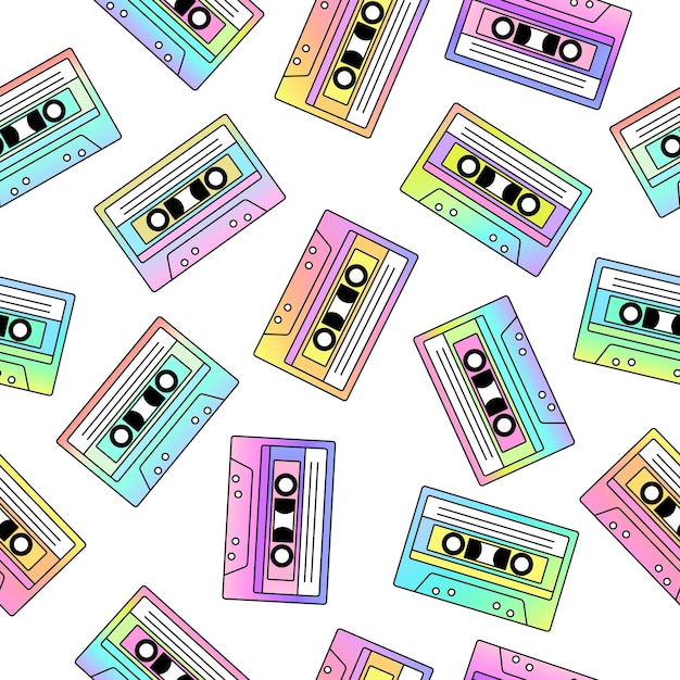 Retro seamless pattern with vintage cassette tapes on white background