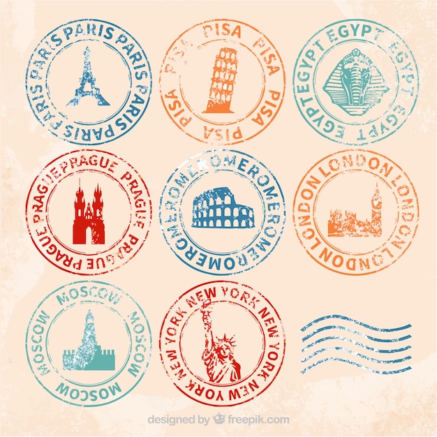 Retro selection of city stamps with different colors