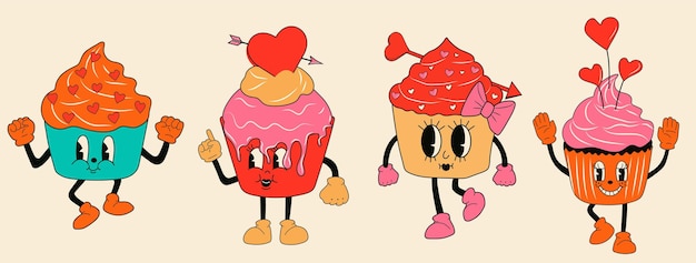 Retro set cupcake 30s cartoon mascots characters -. 40s, 50s, 60s old animation style.Valentine's