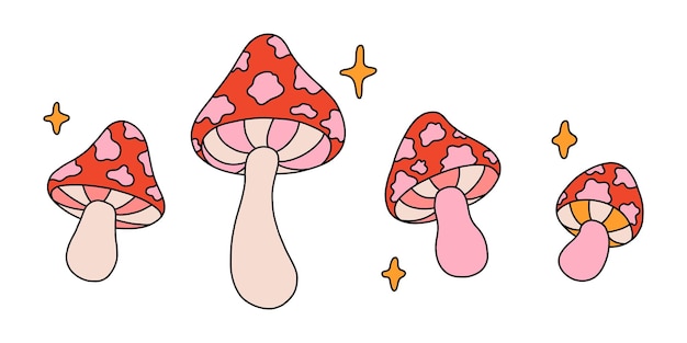 Retro set fly agaric mushrooms and stars in vintage style