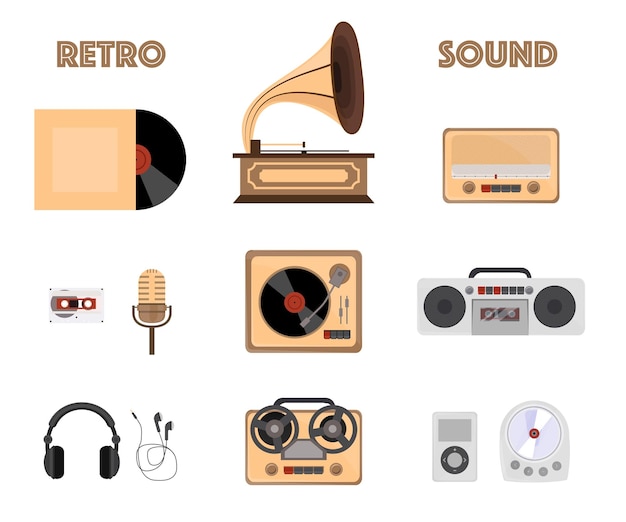 Retro sound devices set Vinyl record gramophone and radio microphone turntable and boombox earphones CD player