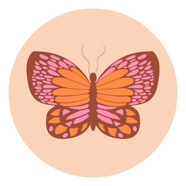 Retro sticker butterfly with vintage flowers inscribed in a circle shape in hippie style 1970