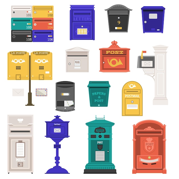 Retro street postbox collection with vertical pillar letterbox public wall letterboxes and mail posts with envelope and horn symbols Vintage mailbox set with classic london royal post box icons