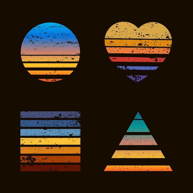 Retro striped sunset prints Abstract 80s style colorful shapes for logo or print design Circle heart square and triangle