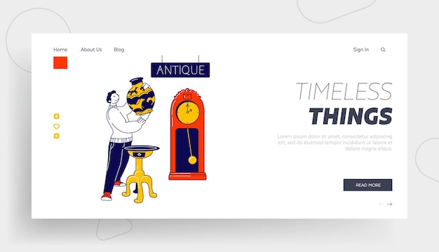 Retro Stuff Landing Page Template. Male Character Visiting Antique Store, Flea Market or Garage Sale Choose Vintage Vase for Buying. Old Things Offer, Table, Clock. Linear People Vector Illustration