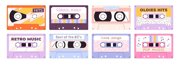 Retro style audio tapes Isolated mixtape stereo devices cassetes cartoon style 90s 80s music player elements analogue sound tape racy vector clipart of vintage stereo analogue illustration