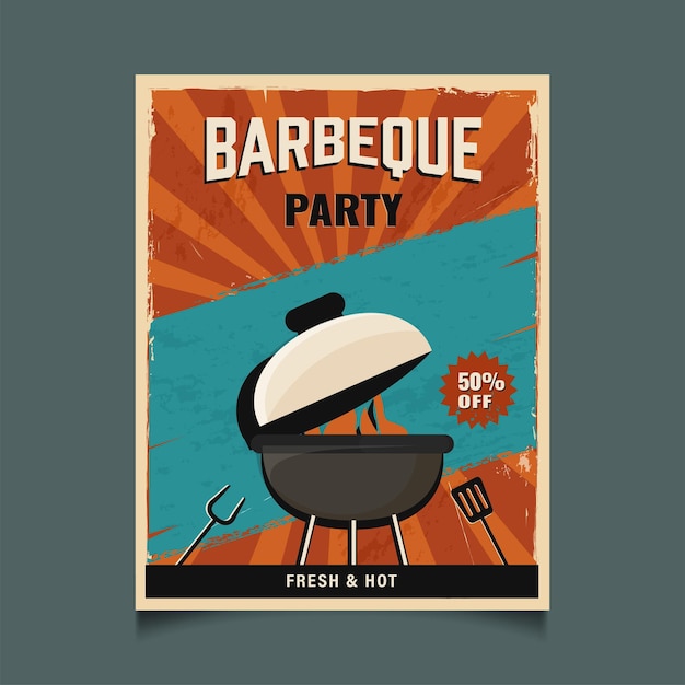 Vector retro style barbeque party flyer design with 50 discount offer charcoal grill for advertising