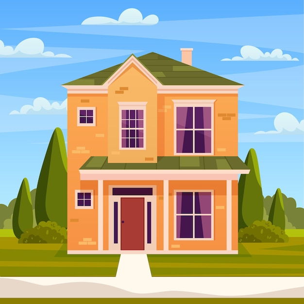 Retro style building. Cartoon apartment house on nature landscape. Suburban house, residential cottage, real estate countryside building. Vector illustration in flat style