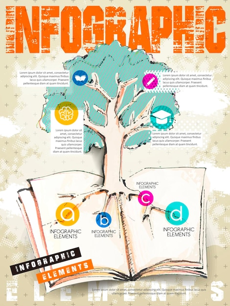 Retro style education infographic with tree and book elements