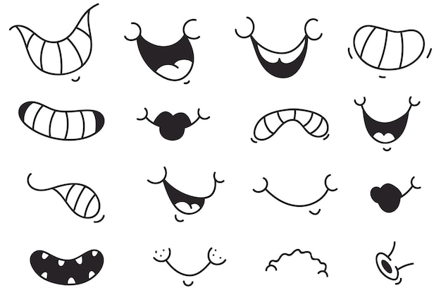 Retro style mouth smile cute cartoon doodle face expression isolated set