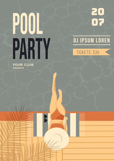 Retro Style Pool Party Invitation Poster Illustration of Girl at Swimming Pool in Swimsuit Vector