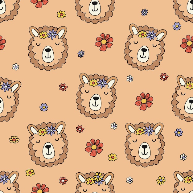 Retro Style Seamless Pattern Design with Animal Faces Vector illustration