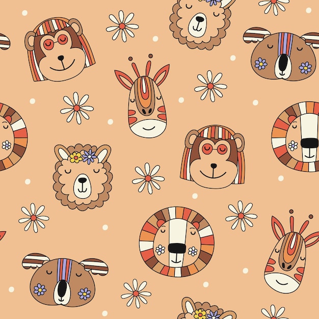 Retro Style Seamless Pattern Design with Animal Faces Vector illustration