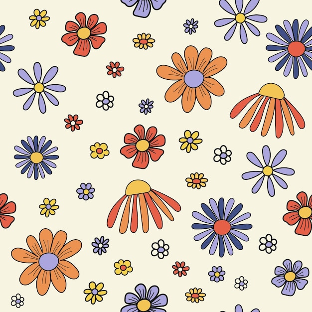 Retro Style Seamless Pattern Design with Flowers Vector illustration