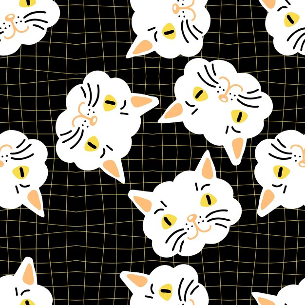 Retro style seamless pattern with cat faces on checkered background Perfect print for tee textile fabric paper Hand drawn vector illustration for decor and design