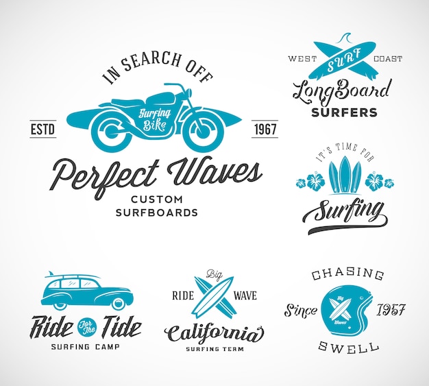 Retro Style Surfing Logos Featuring Surfboards, Surf Woodie Car, Motorcycle Silhouette, Helmet.