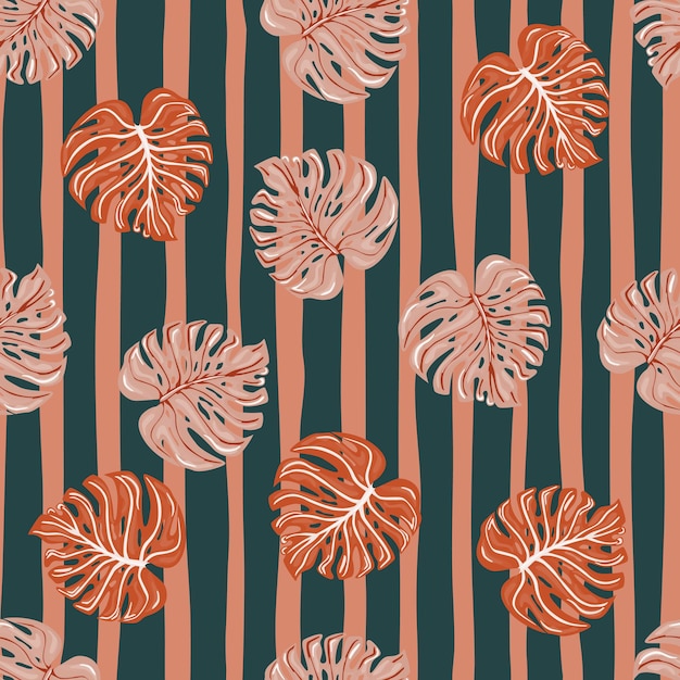 Retro style tropical seamless pattern with monstera leaves on stripe background.