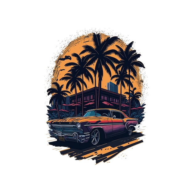 Retro style tshirt design for a car and flat white background