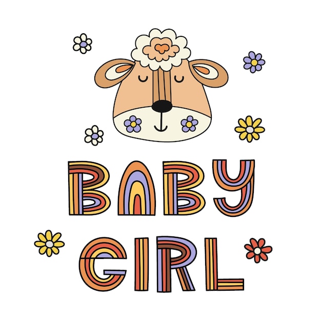 Retro stylized nursery poster with a sheep Baby Girl Vector illustration