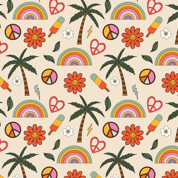 Retro summer pattern with palm trees rainbows florals and groovy elements