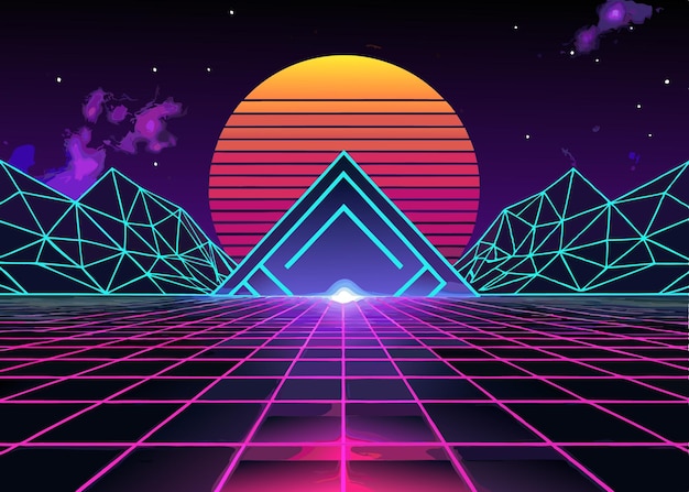 Vector a retro sunset futuristic neon lights the background new retro wave is not in focus