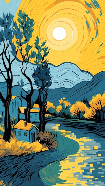 Retro sunset landscape drawing with van gogh style cartoon artwork vector