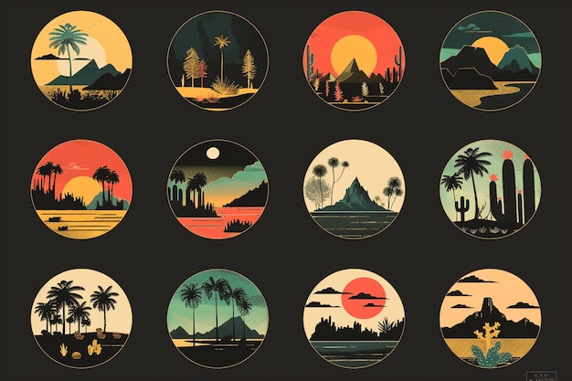 Retro Sunset and Landscape Icons Set