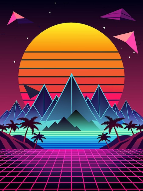 Vector retro sunset landscape with pyramids and palm trees