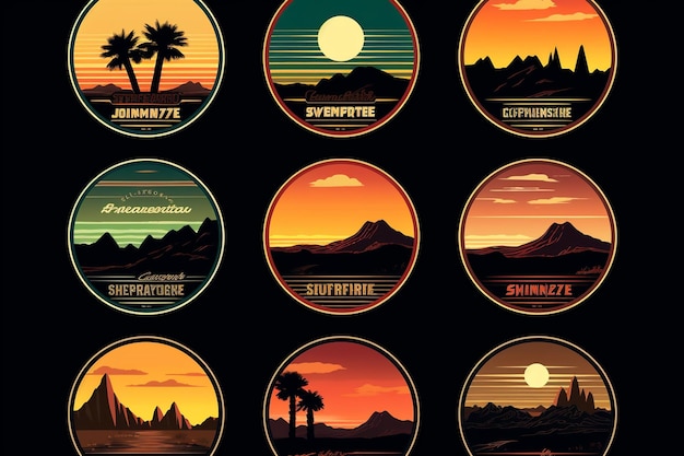 Retro Sunset Vector Logos with Landscapes