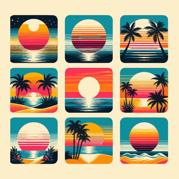 retro sunsets in 80s and 90s style Abstract sun at beach background with sunny vector and tshirt