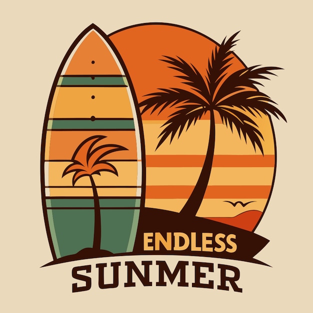 Vector retro surf vibes an image of an oldschool surfboard leaning against a palm tree with a stylized