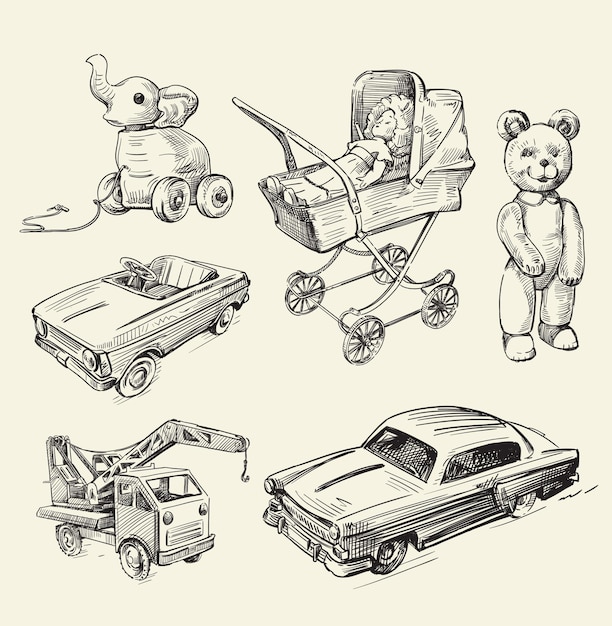 Vector retro toys sketch set old time