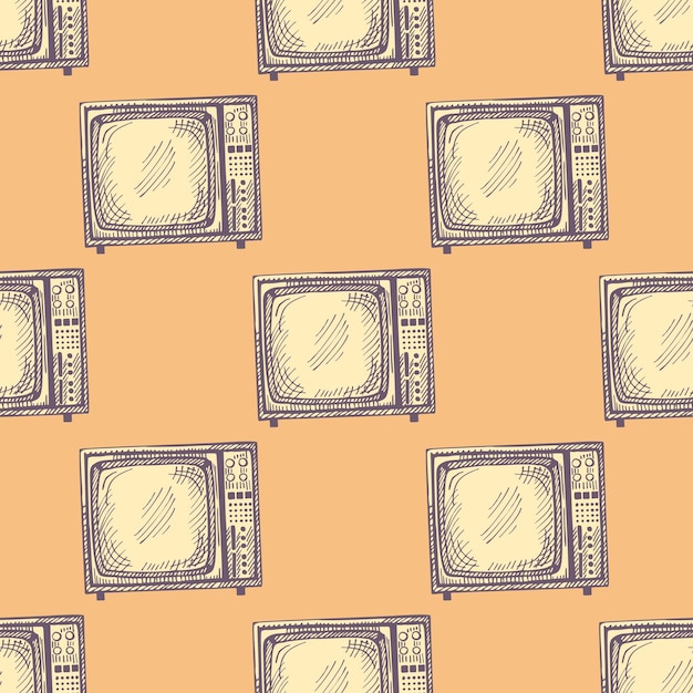 Retro TV engraved seamless pattern Vintage television in hand drawn style