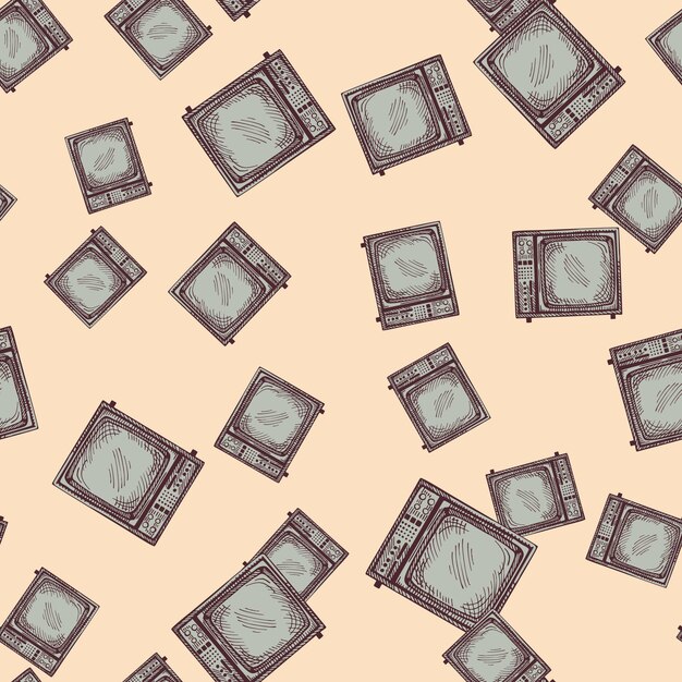 Retro TV engraved seamless pattern Vintage television in hand drawn style