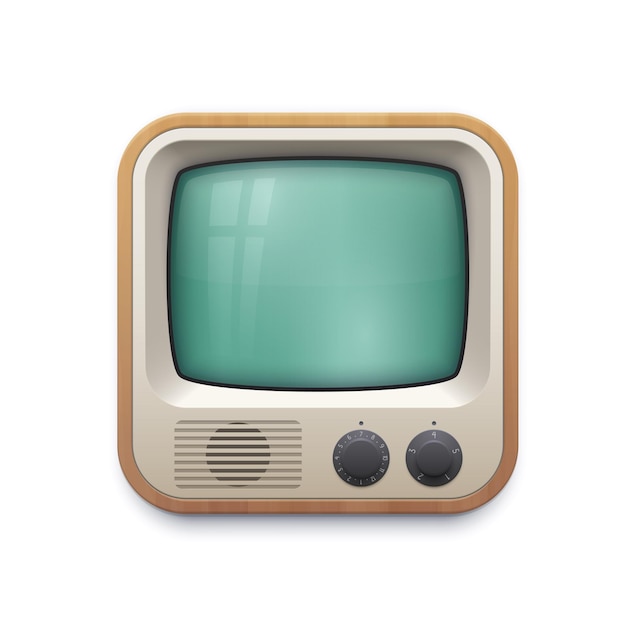 Retro tv screen interface icon of multimedia or television app vector design. Isolated glass monitor of vintage tube tv set with knob buttons and wooden case, 3d button of web application ui or gui