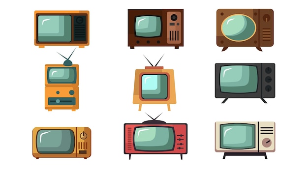 Retro TV screen set icon isolated white Cartoon vintage electronic vector illustration