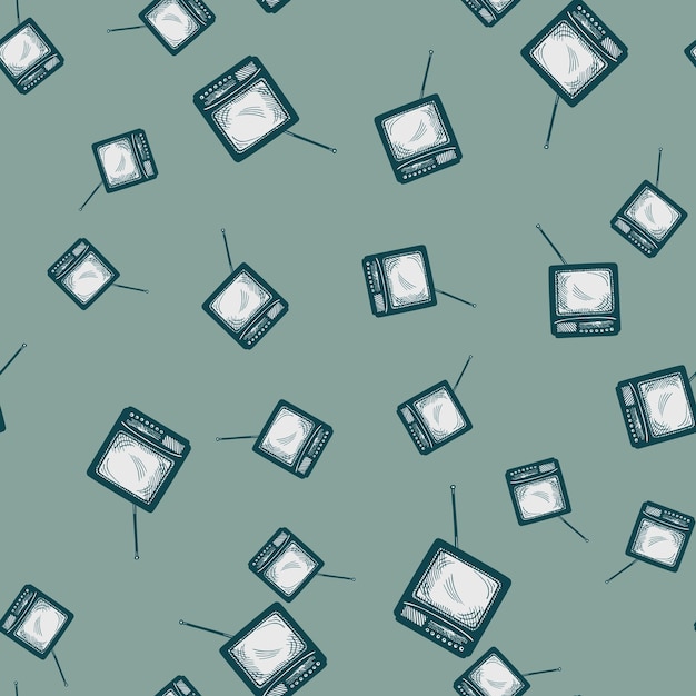 Retro TV with antenna engraved seamless pattern Vintage television in hand drawn style