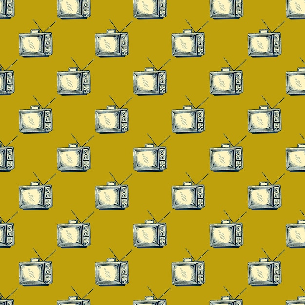 Retro TV with antenna engraved seamless pattern Vintage television in hand drawn style