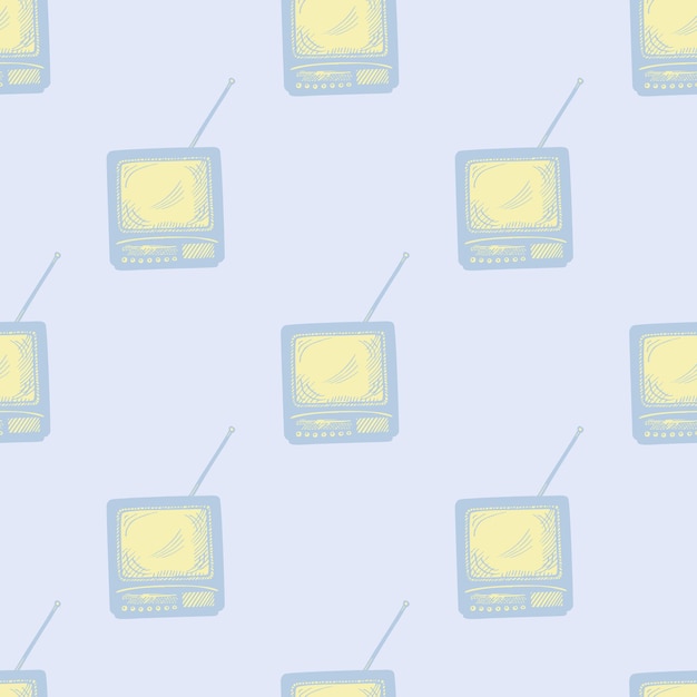 Retro TV with antenna engraved seamless pattern Vintage television in hand drawn style