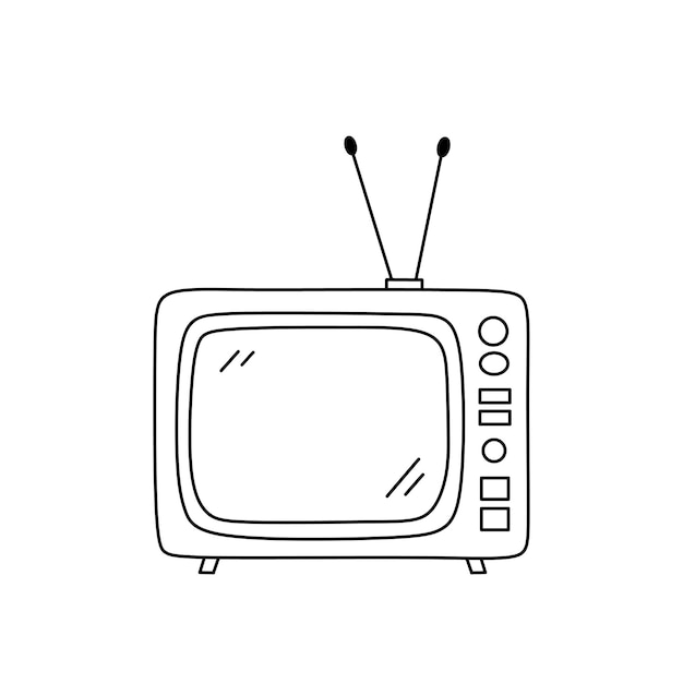 Retro TV with antennas isolated on white background hand drawn illustration in doodle style