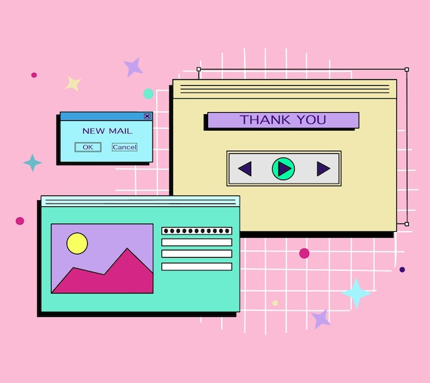 Retro vaporwave desktop with message boxes and user interface elements web banner template