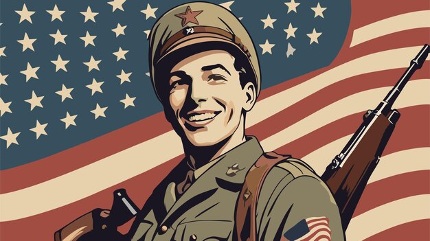 Vector retro vintage background with an american soldier and american flag