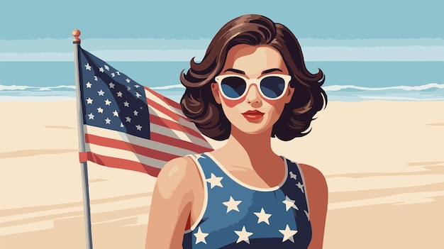 Vector retro vintage background with an american woman and a beach background