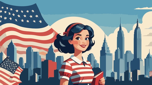 Vector retro vintage background with an american woman and city background