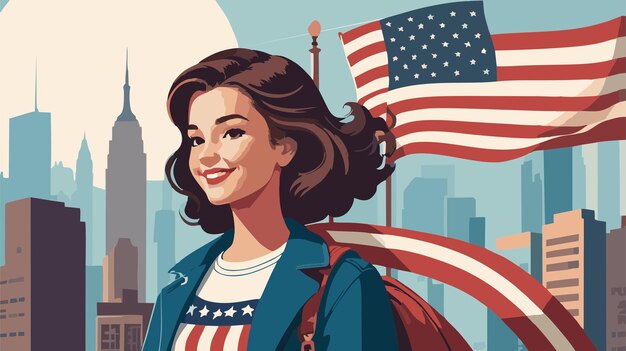 Vector retro vintage background with an american woman and city background